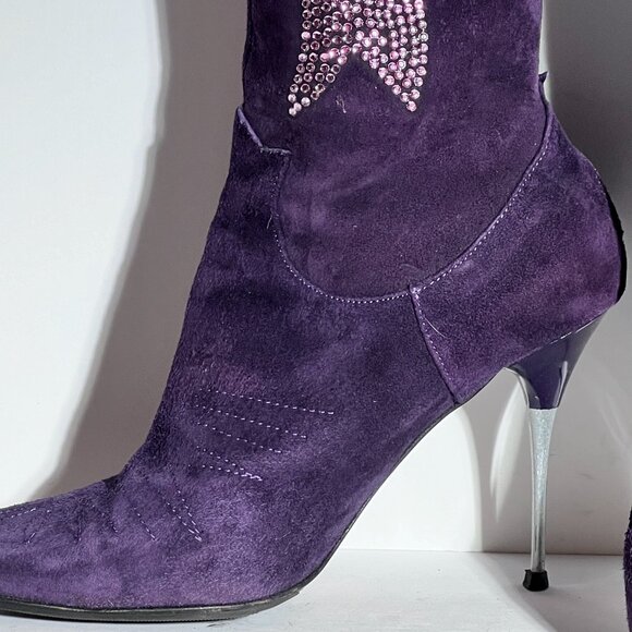 Charles David Purple Suede Pink Swarovski Western Cowboy High Heel Boot Sz 8.5 - Picture 5 of 14
